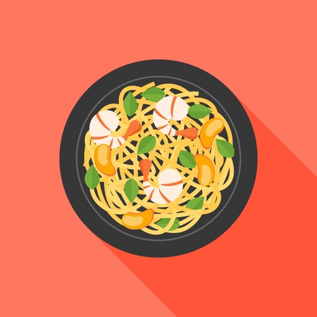Shrimp noodle on black dish icon, flat designのイラスト素材