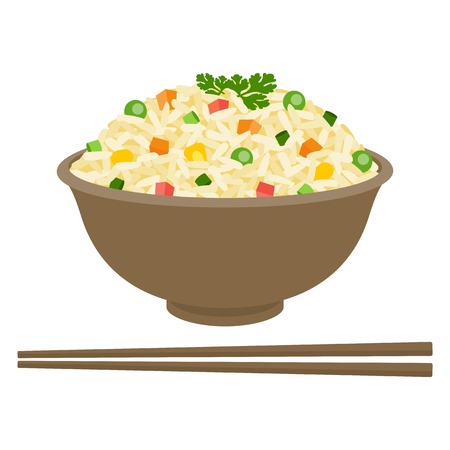Fried rice in bowl with chopsticks, flat designのイラスト素材