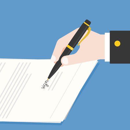 Business hand holding ink pen signing contract, document or offer agreement, flat design vector illustrationのイラスト素材
