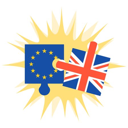 crashing jigsaw puzzle of eu flag and Britain flag, Brexit concept, vector illustration flat styleのイラスト素材