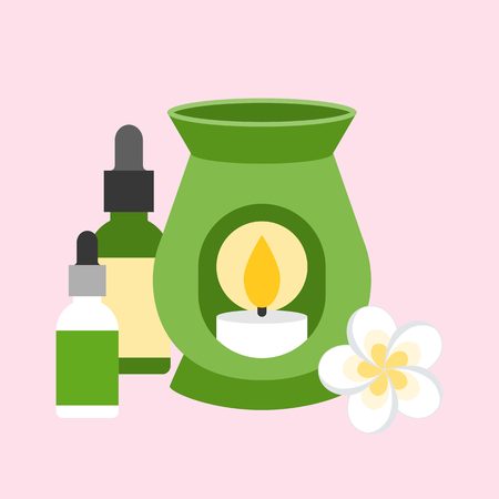 oil burner with flower and bottle of essential oil, flat designのイラスト素材