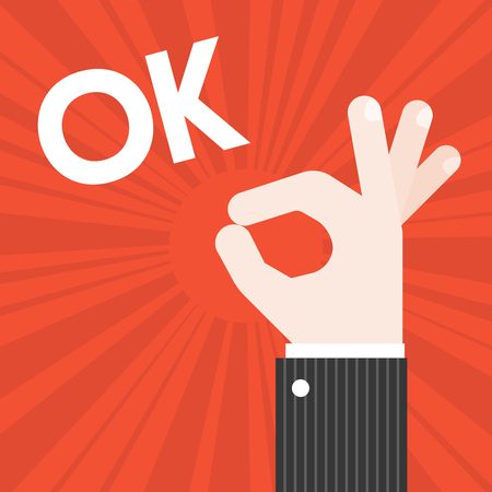 Okay Hand sign vector with sun burst background and text OK, approve and confirm concept, flat designのイラスト素材