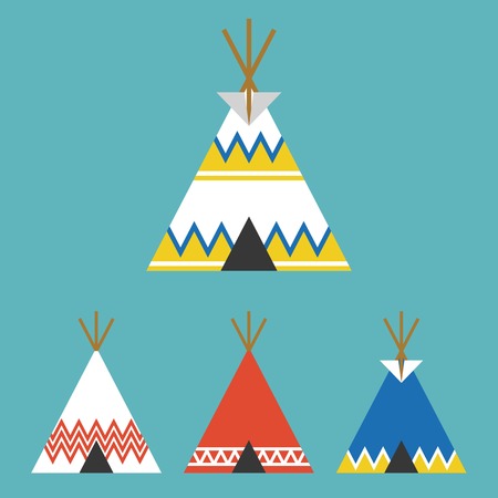 set of tee pee tent of native american, flat design vectorのイラスト素材
