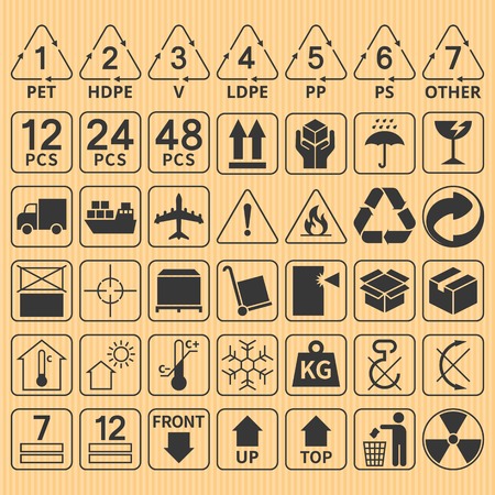Set of packaging symbol collection,fragile,handle with care,delivery,flammable,max stack,up,top,keep dry,from sun light,do not rotate,recycle sign,plastic type,room temperature,don't hook,use trolleyのイラスト素材