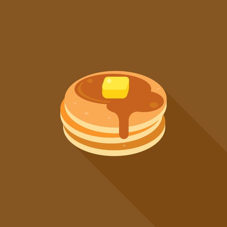 pancake icon, pancake with syrup and butter on top illustration, flat design with long shadowのイラスト素材