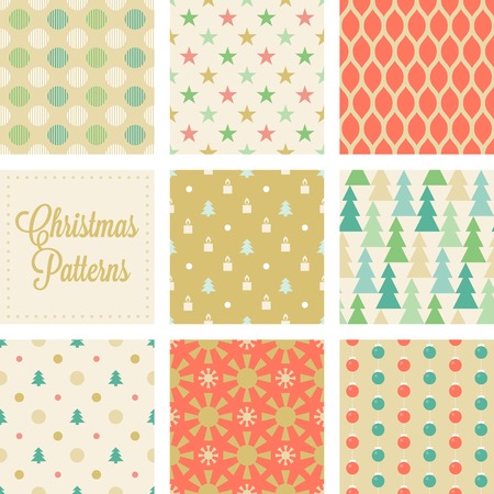 Christmas seamless pattern in vintage style, christmas tree, pine, sun, polka dot, net,  stars, christmas ballのイラスト素材
