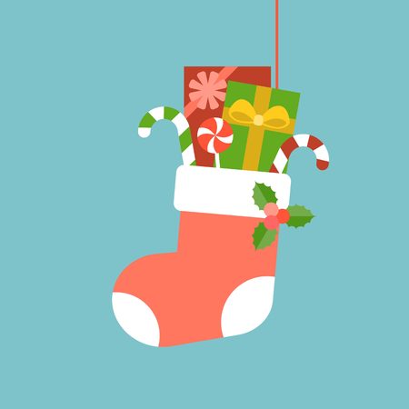 Christmas Sock with present boxes and candy cane, mistletoe, flat design with long shadowのイラスト素材