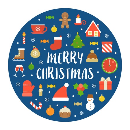 Merry christmas typography font and icon on black background, flat design poster pictogramのイラスト素材