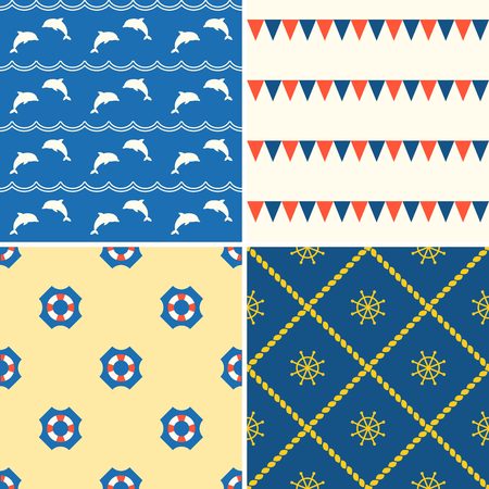 Set of seamless background nautical theme such as dolphin, life vest, flag and helm, flat design vectorのイラスト素材