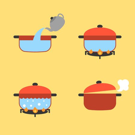 set of info graphic boiling water in pot on fire, flat designのイラスト素材