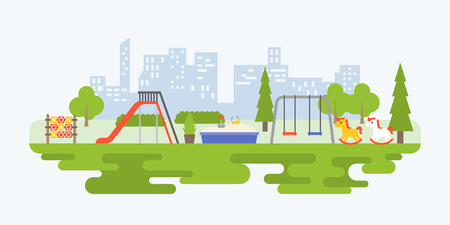 Info graphic and elements of playground equipment for children in urban, flat design vector illustrationのイラスト素材