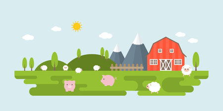 Info graphic and elements of farming landscapes with sheep, pig, barn and natural background, flat design vector illustrationのイラスト素材