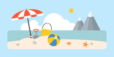 Beach scene with shovel and bucket, beach ball, umbrella on coastal landscape background, flat design for travel vacation business conceptのイラスト素材