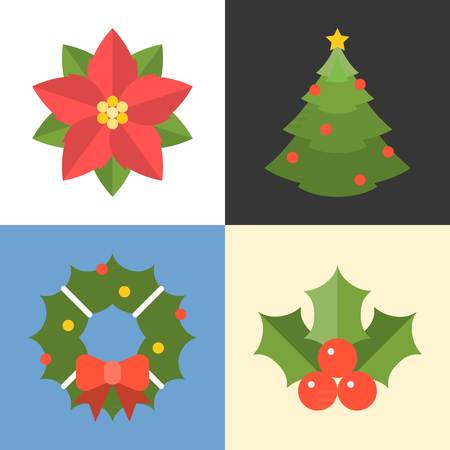 Christmas ornament flat design with long shadow, pine tree, wreath, holly and poinsettiaのイラスト素材