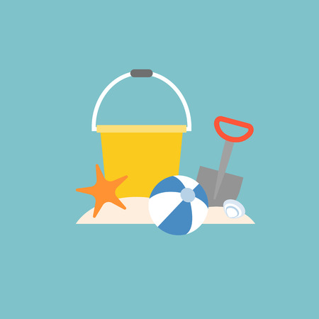 beach toys, pail, shovel, starfish and beach ball with bucket, flat designのイラスト素材