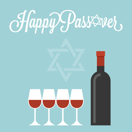Happy passover poster with wine bottle and four glasses, flat designのイラスト素材