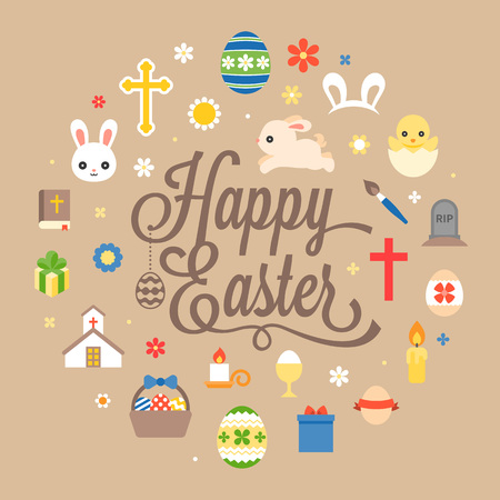 Happy easter hand lettering font with icon and element, flat design pictogramのイラスト素材
