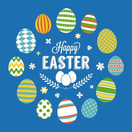 Happy easter typographic poster with circle eggs frame, flat design vectorのイラスト素材