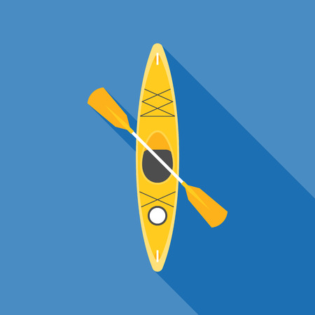 Yellow kayak with paddle, flat design vector with long shadowのイラスト素材
