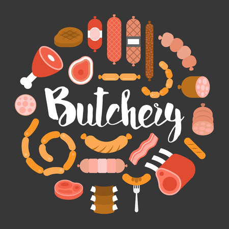 Butchery product icon such as sausage, ham, pepperoni arrange in circle shape, flat designのイラスト素材