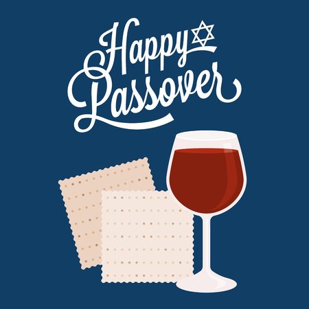 Happy passover with star of david, wine and matzah crackers, flat designのイラスト素材