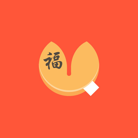 Fortune cookie and Chinese alphabet "fu" meaning luck on red background, flat design vectorのイラスト素材