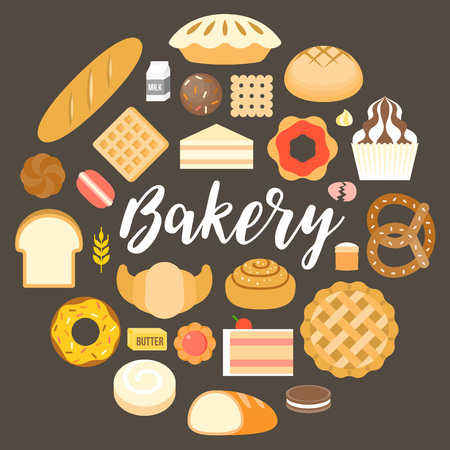 Bakery headline and bakery products arrange in circle shape, flat design vector for poster or bannerのイラスト素材