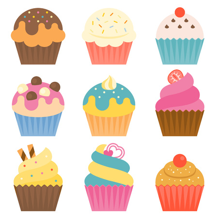 Set of cup cake icon with coating sugar, icing, chocolate ball in flat designのイラスト素材