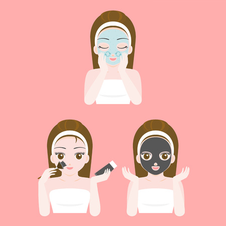 Cute pretty girl in towel scrub bead cleansing and apply black charcoal mask on face , flat design vector instruction for dermatology, cosmetic and spa productのイラスト素材
