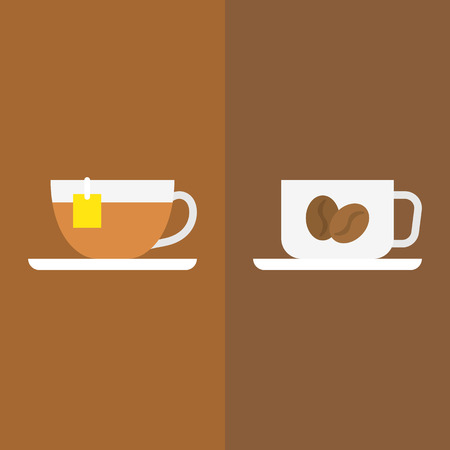Tea with tag label and coffee with coffee bean sign on cup in flat designのイラスト素材