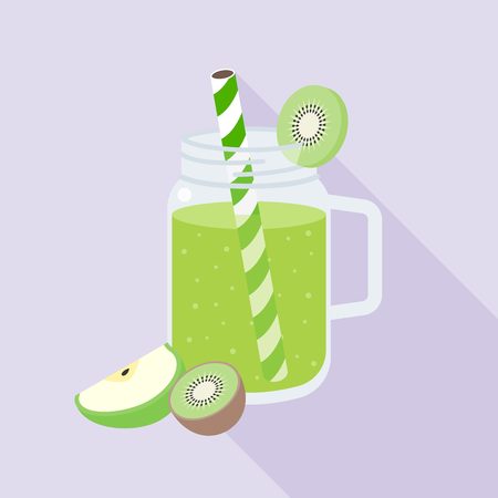 Green smoothies from Kiwi and apple in mason jar glass with ripe of kiwi and apple, flat design vectorのイラスト素材