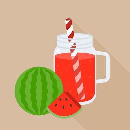 Watermelon in mason jar with ripe slice of watermelon, flat design vectorのイラスト素材