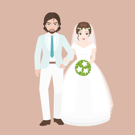 Groom walk arm in arm with Bridge, lover couple in wedding costume concept, flat design vectorのイラスト素材