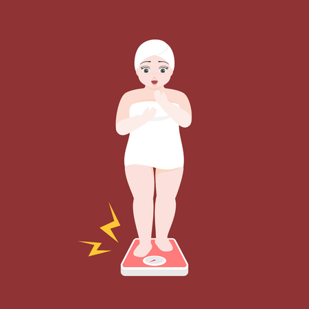 Overweight women in towel on scale, obesity illustration conceptのイラスト素材