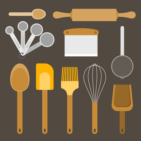 Bakery equipment and utensils, such as measurement spoon, whisk, flour sifter, spatula, rolling pin, dough and bowl scraper, wooden spoon, flat design vectorのイラスト素材