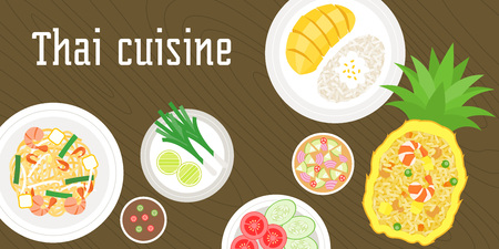 Thai dishes, mango with sticky rice, pad thai noodles, fried rice bake with pineapple on wooden backgroundのイラスト素材