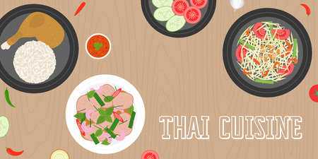 Thai cuisine, papaya salad, grilled chicken, beef sour salad, side dish and fresh ingredients on wooden background, flat design vector for banner, website cover or backdropのイラスト素材