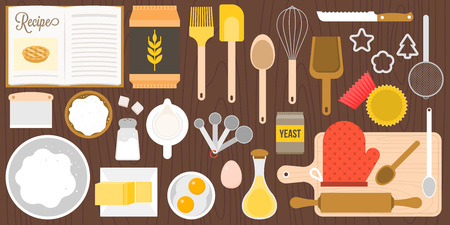 utensils and ingredients for bakery on wooden background in top view, flat design vector in aerial viewのイラスト素材