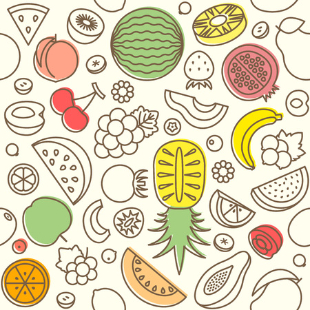 Seamless pattern of various fruits, watermelon, pine apple, strawberry, berries, outline design...