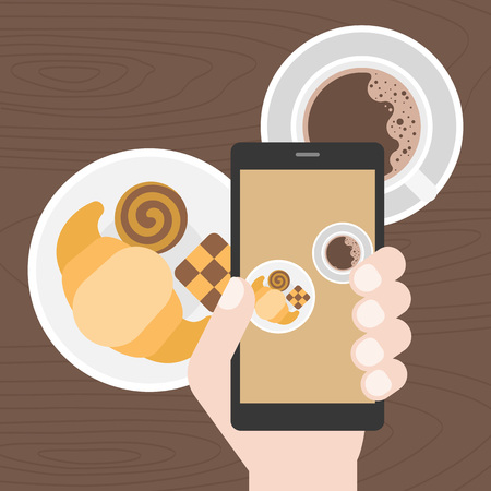 Hand holding smart phone take picture of coffee, cookie and croissant, Food photography concept flat design vectのイラスト素材