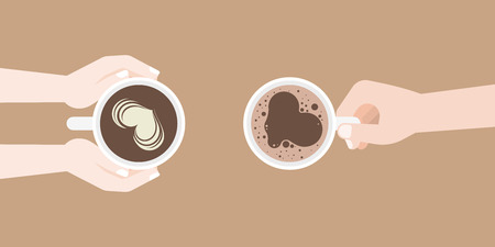 man and woman holding coffee cup in hand with latte art and crema of heart shape, flat design vector suitable for banner, cover or use as backdropのイラスト素材