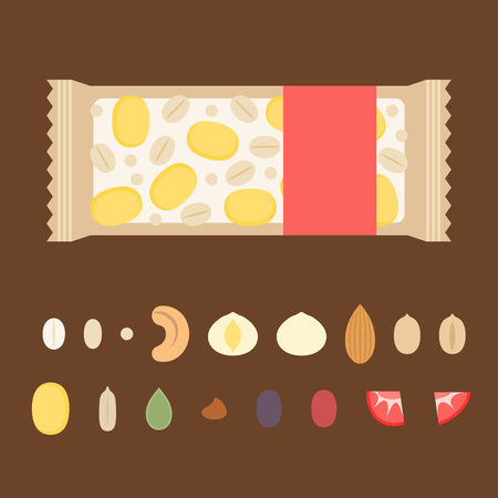 template for making granola bar illustration with ingredient such as nuts, dried fruits, seeds such as cornflakes, cashew nuts, almond, cranberry, peanut, wheat, rye, oatのイラスト素材