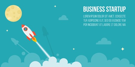 flying rocket in the star to the full moon, flat design illustration for business startup concept on green background suitable for poster or bannerのイラスト素材