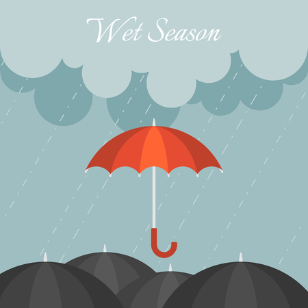 A red umbrella in rainy day with black umbrella and cloudy sky, flat design vector illustration.のイラスト素材