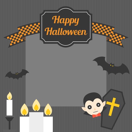 Happy halloween in badge and checks ribbon with candle, bat, Dracula's coffin, design in vintage style for poster  or greeting cardのイラスト素材