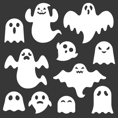 set of cute ghost creation kit, changeable face, flat design vector for halloweenのイラスト素材