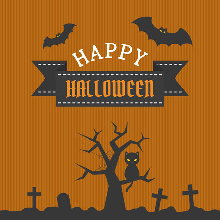 Happy Halloween poster with spooky tree, bats and black cat in grave yardのイラスト素材