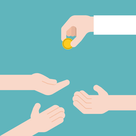 hand giving gold coin and another three hands receive, donation and charity concept, flat design vectorのイラスト素材