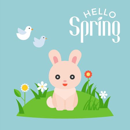 Hello spring typography with illustration of cute rabbit character on meadow and flying birds , flat design vectorのイラスト素材