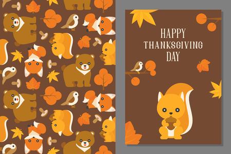 thanksgiving wild animal seamless pattern and greeting card template in flat design, such as bear, fox, squirrel, birdのイラスト素材
